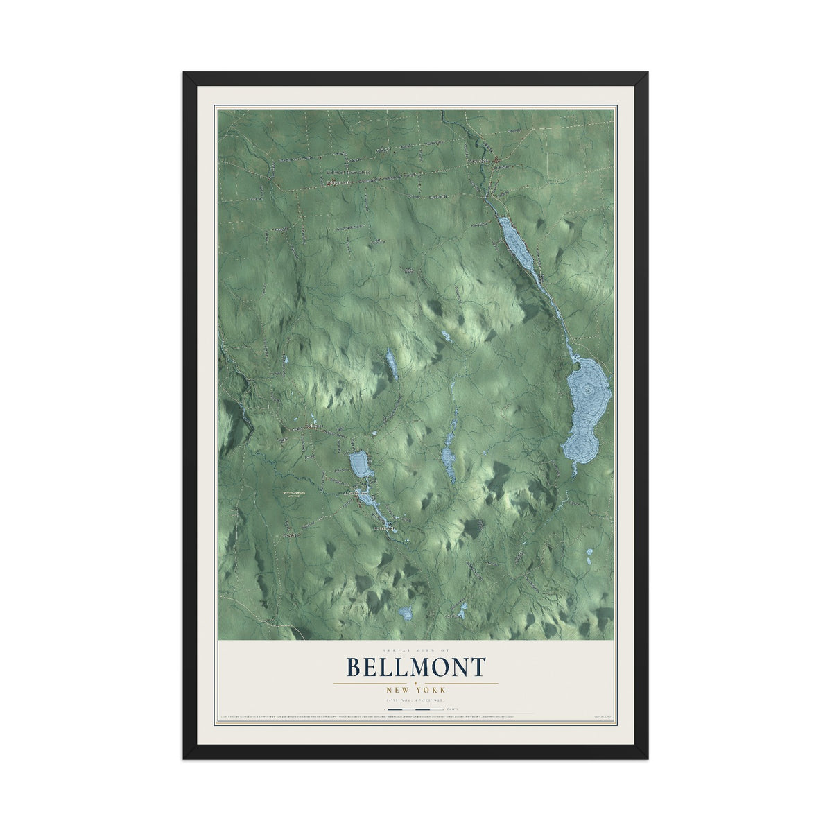 Bellmont, New York map print, 12" x 18" W/ Black Ayous Wood Frame mockup