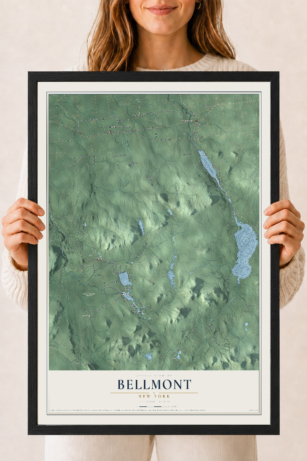 Bellmont, New York map print, 18" x 24" W/ Black Ayous Wood Frame mockup