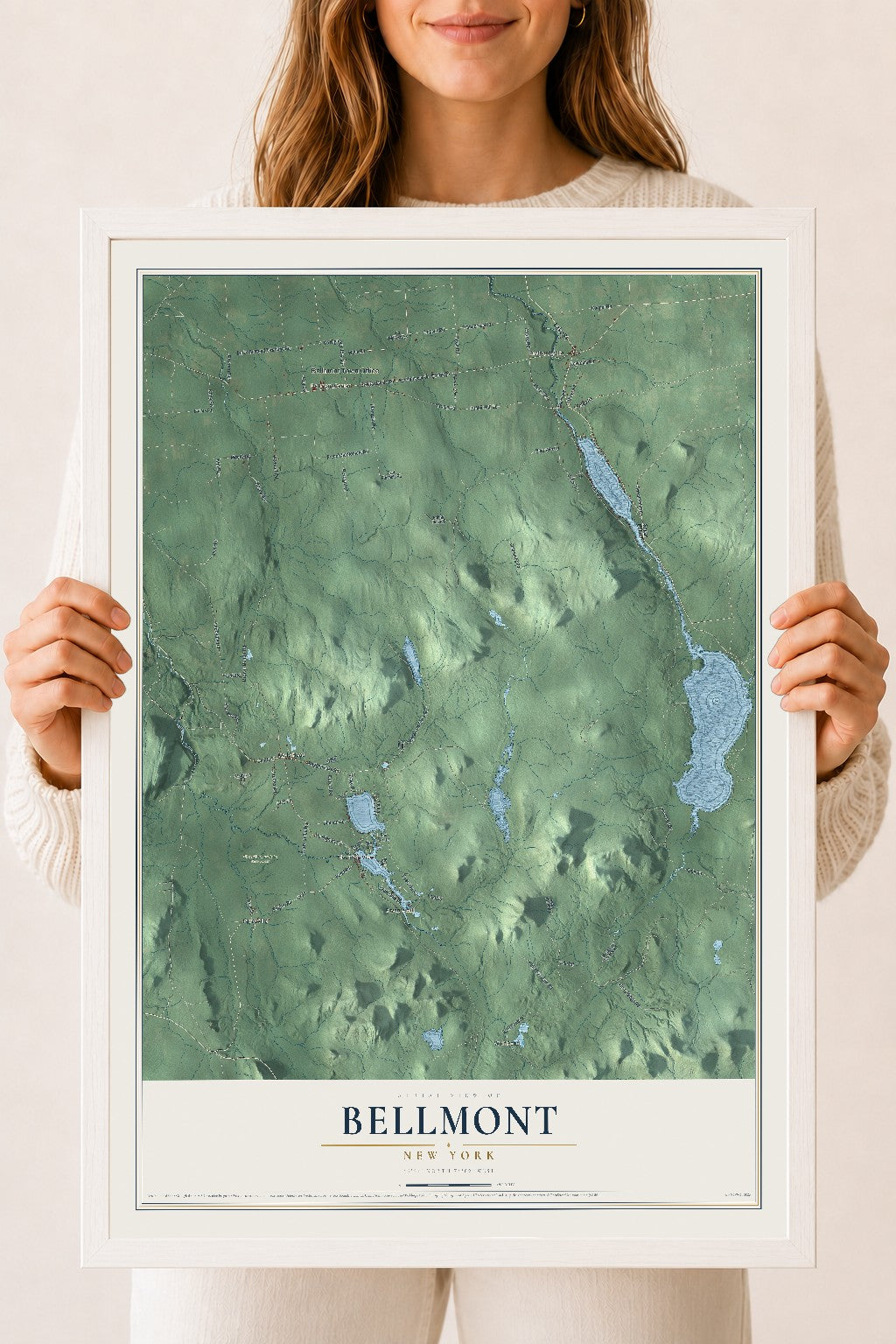 Bellmont, New York map print, 18" x 24" W/ White Ayous Wood Frame mockup