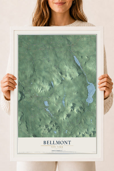 Bellmont, New York map print, 18" x 24" W/ White Ayous Wood Frame mockup