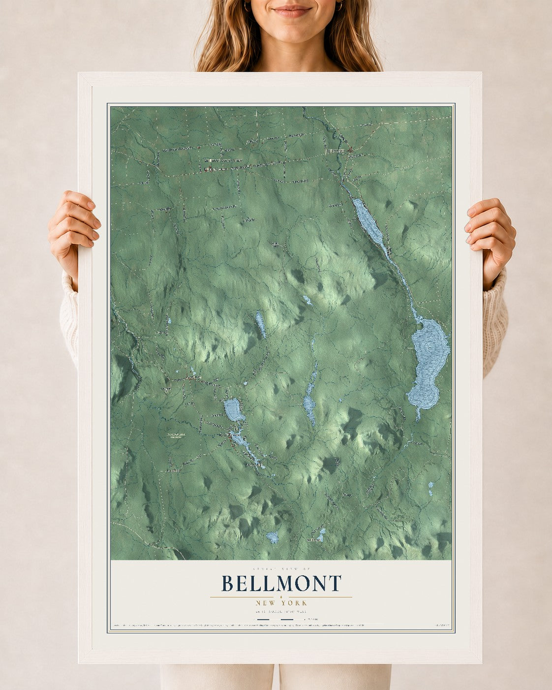 Bellmont, New York map print, 24" x 36" W/ White Ayous Wood Frame mockup