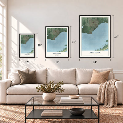 Bellport, New York map in 12 x 18, 18 x 24 and 24 x 36 inch sizes above a sofa