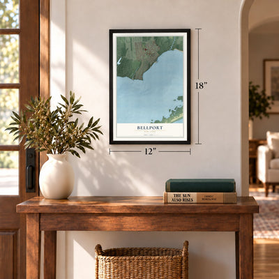 Bellport, New York map, 12 x 18 inch print in a black frame in an entryway