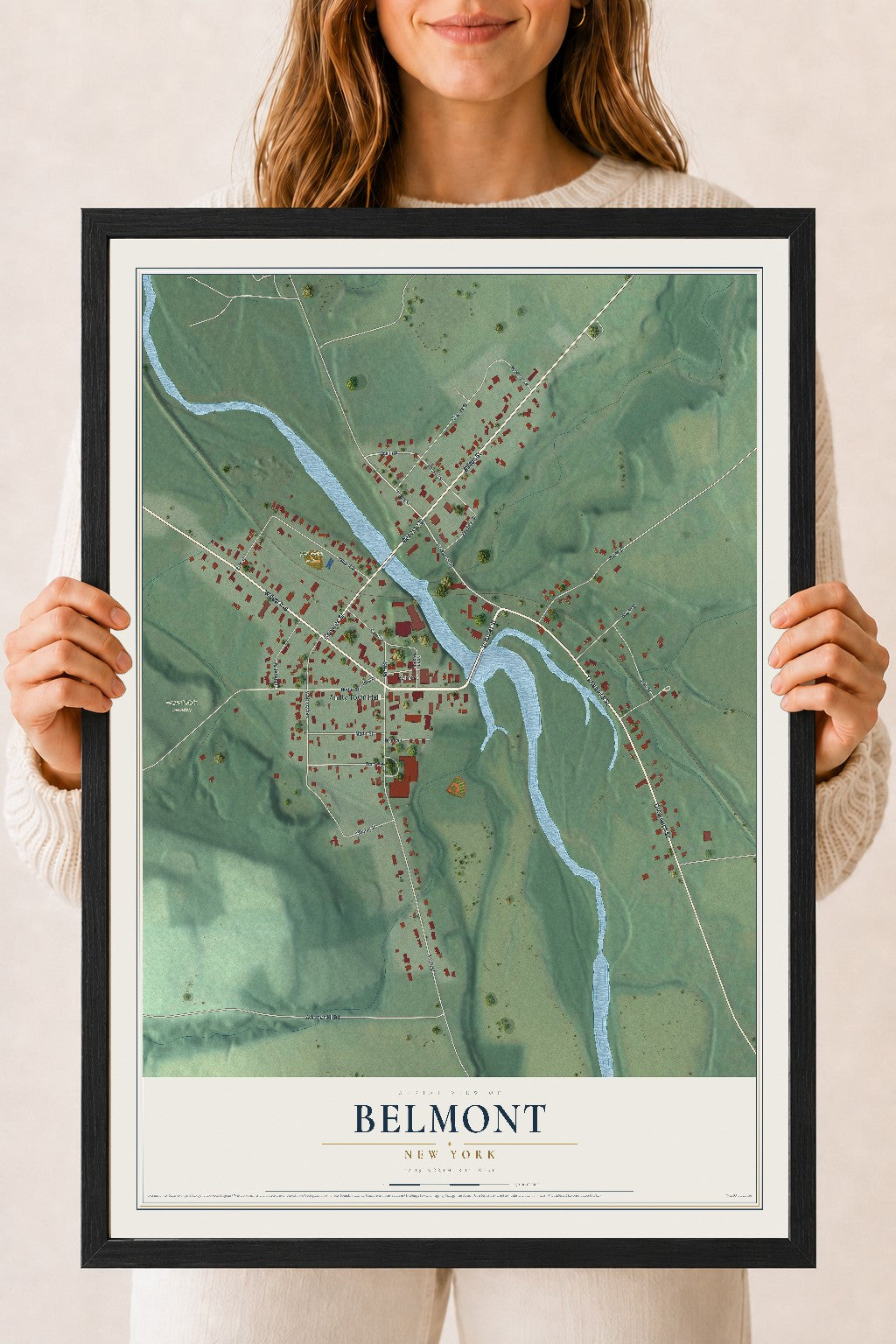 Belmont, New York map print, 18" x 24" W/ Black Ayous Wood Frame mockup