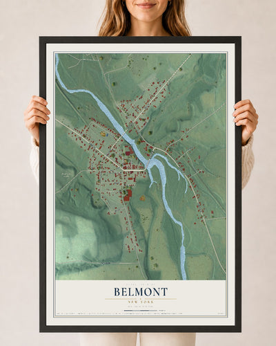 Belmont, New York map print, 24" x 36" W/ Black Ayous Wood Frame mockup