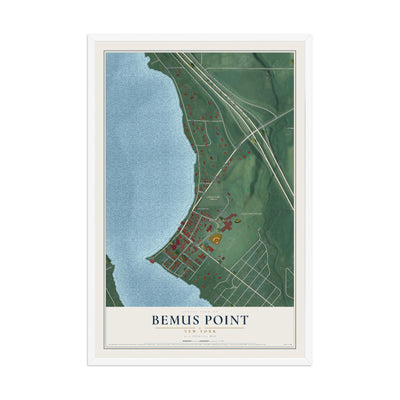 Bemus Point, New York map print, 12" x 18" W/ White Ayous Wood Frame mockup