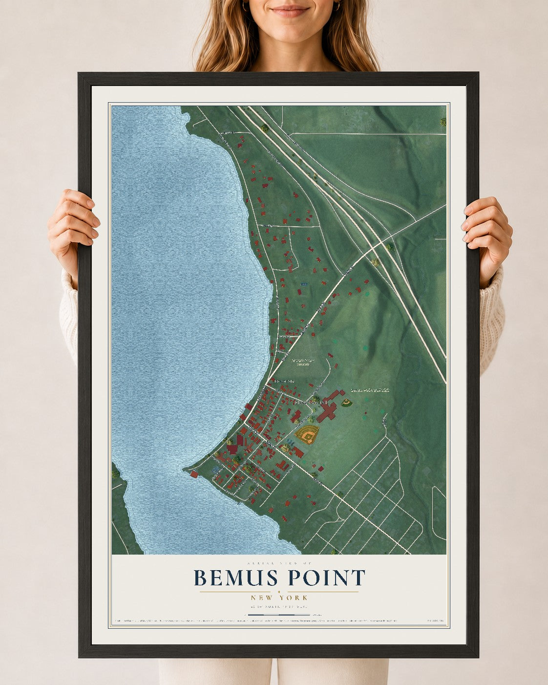 Bemus Point, New York map print, 24" x 36" W/ Black Ayous Wood Frame mockup