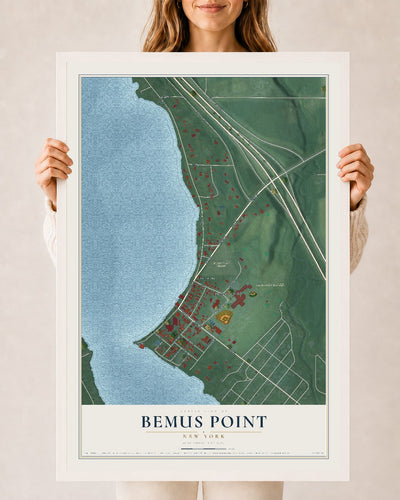 Bemus Point, New York map print, 24" x 36" W/ White Ayous Wood Frame mockup