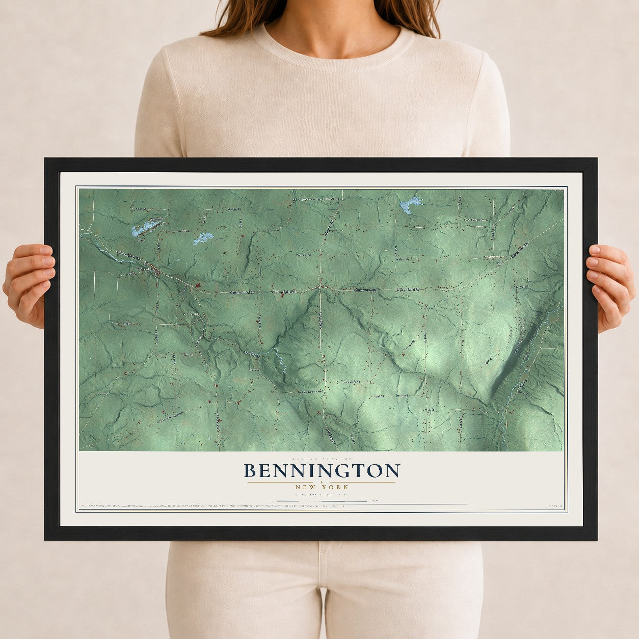 Bennington, New York map print, 12" x 18" W/ Black Ayous Wood Frame mockup