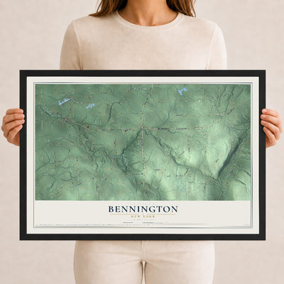 Bennington, New York map print, 12" x 18" W/ Black Ayous Wood Frame mockup
