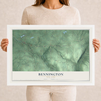 Bennington, New York map print, 12" x 18" W/ White Ayous Wood Frame mockup