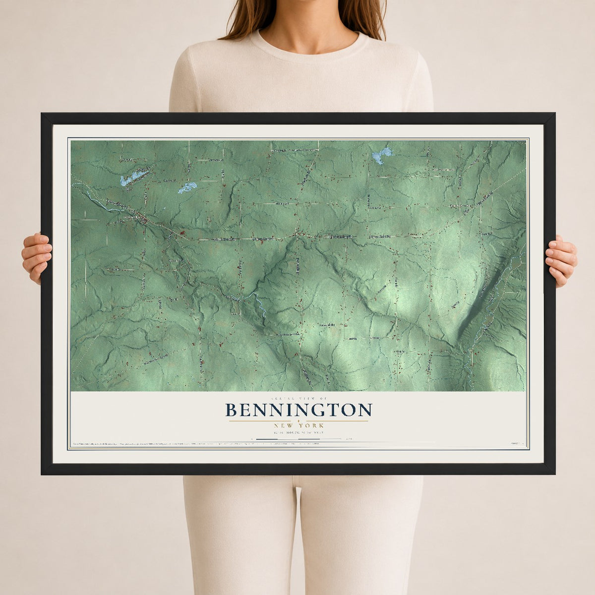 Bennington, New York map print, 24" x 36" W/ Black Ayous Wood Frame mockup