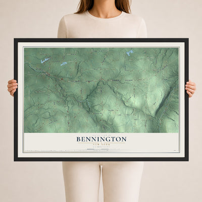 Bennington, New York map print, 24" x 36" W/ Black Ayous Wood Frame mockup