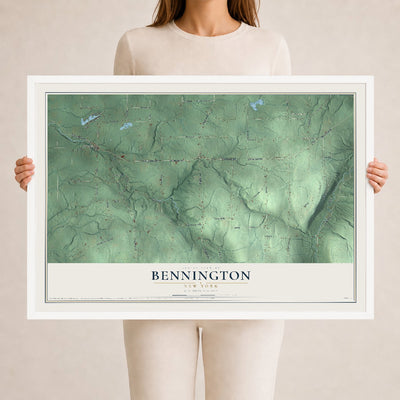 Bennington, New York map print, 24" x 36" W/ White Ayous Wood Frame mockup
