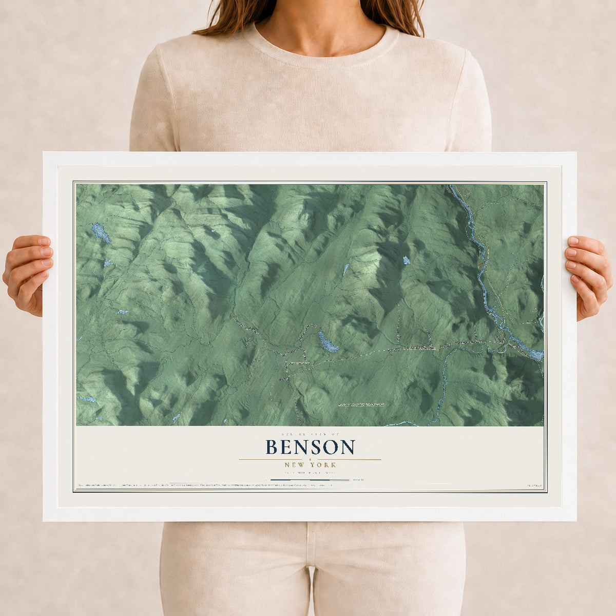 Benson, New York map print, 12" x 18" W/ White Ayous Wood Frame mockup