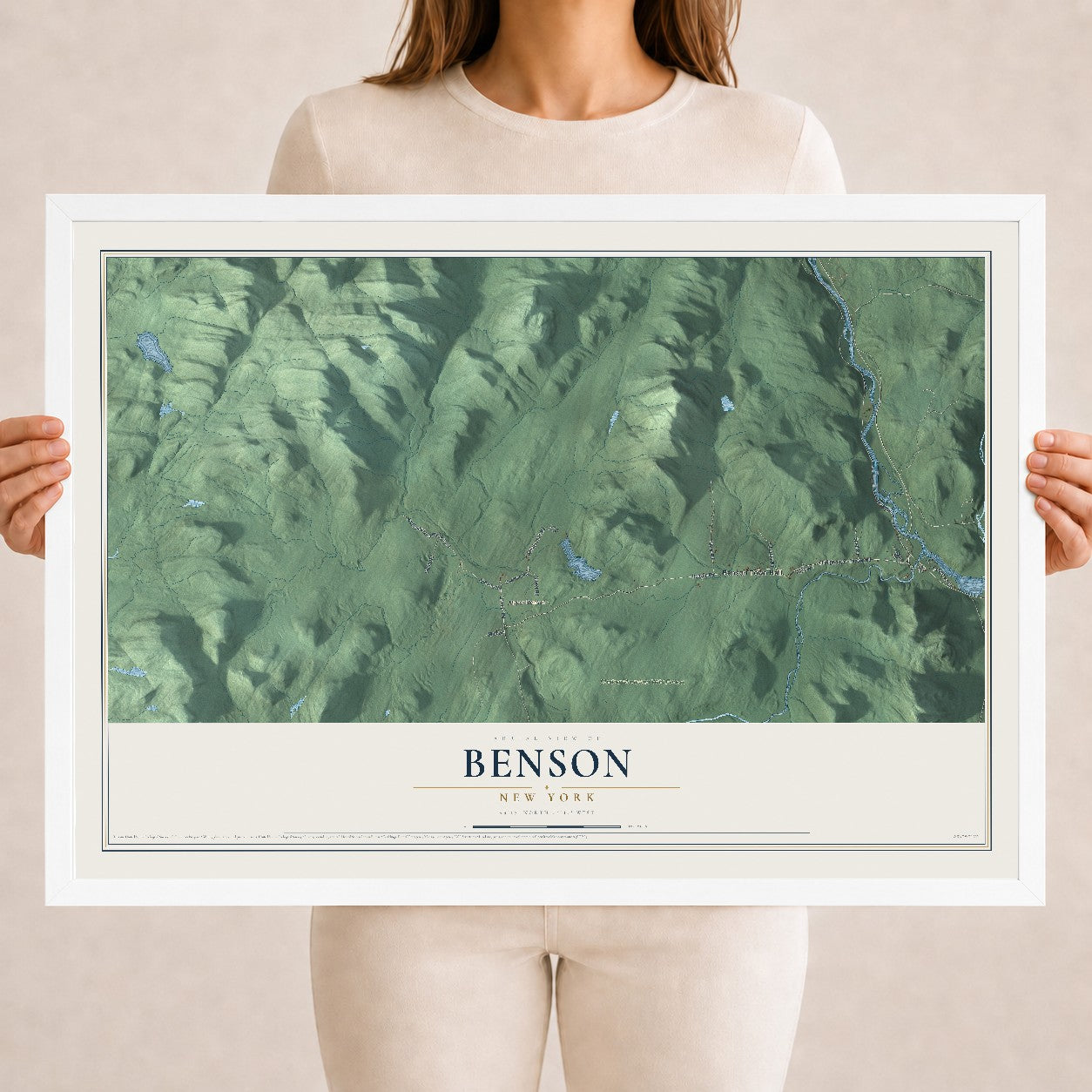 Benson, New York map print, 18" x 24" W/ White Ayous Wood Frame mockup