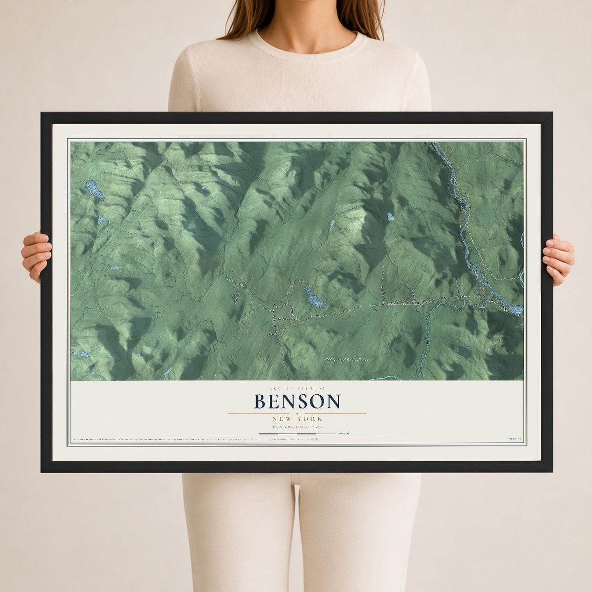 Benson, New York map print, 24" x 36" W/ Black Ayous Wood Frame mockup