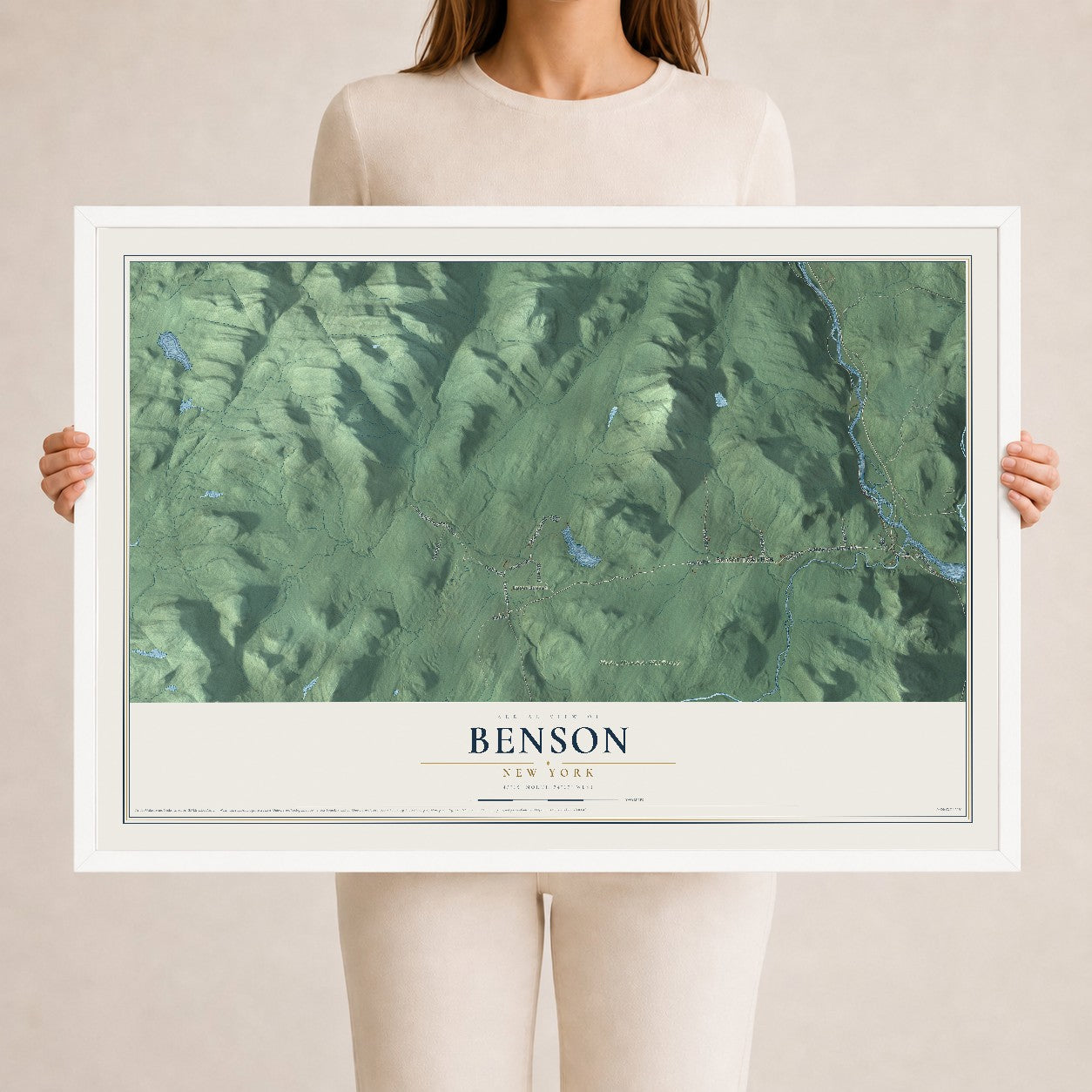 Benson, New York map print, 24" x 36" W/ White Ayous Wood Frame mockup