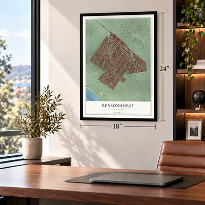 Bensonhurst, New York map, 18 x 24 inch print in a black frame in a home office