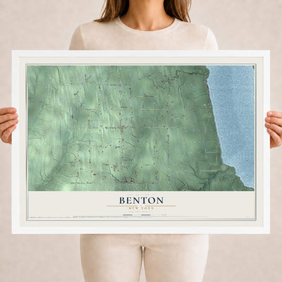 Benton, New York map print, 18" x 24" W/ White Ayous Wood Frame mockup