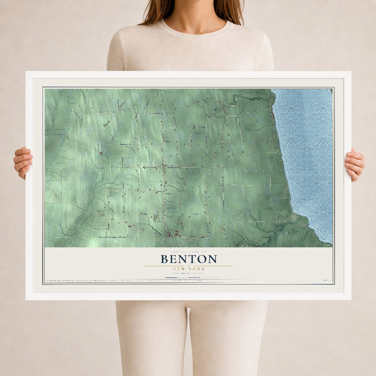 Benton, New York map print, 24" x 36" W/ White Ayous Wood Frame mockup