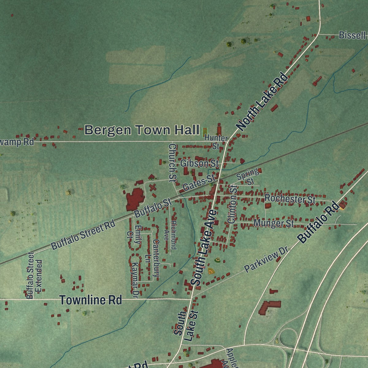 Close-up 1 of the Bergen, New York map artwork