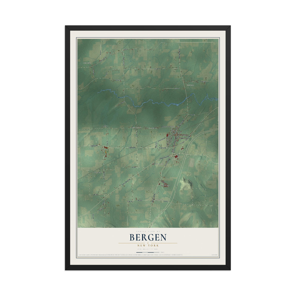 Bergen, New York map print, 12" x 18" W/ Black Ayous Wood Frame mockup