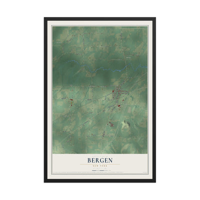 Bergen, New York map print, 12" x 18" W/ Black Ayous Wood Frame mockup
