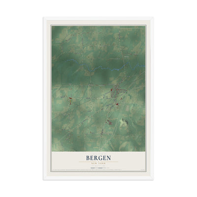 Bergen, New York map print, 12" x 18" W/ White Ayous Wood Frame mockup