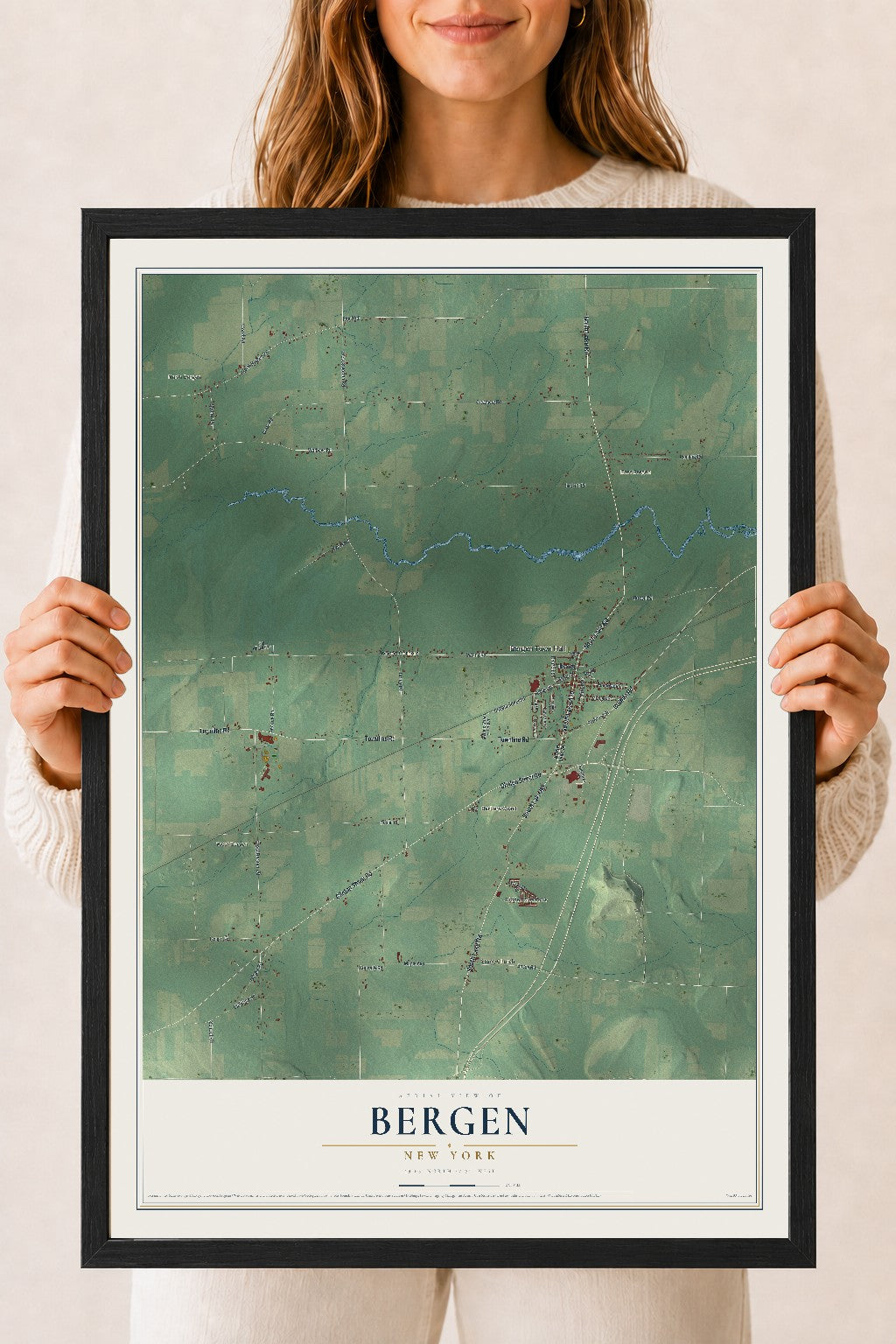 Bergen, New York map print, 18" x 24" W/ Black Ayous Wood Frame mockup
