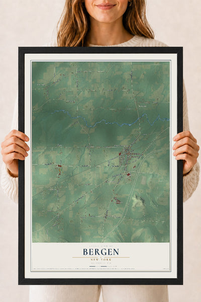 Bergen, New York map print, 18" x 24" W/ Black Ayous Wood Frame mockup