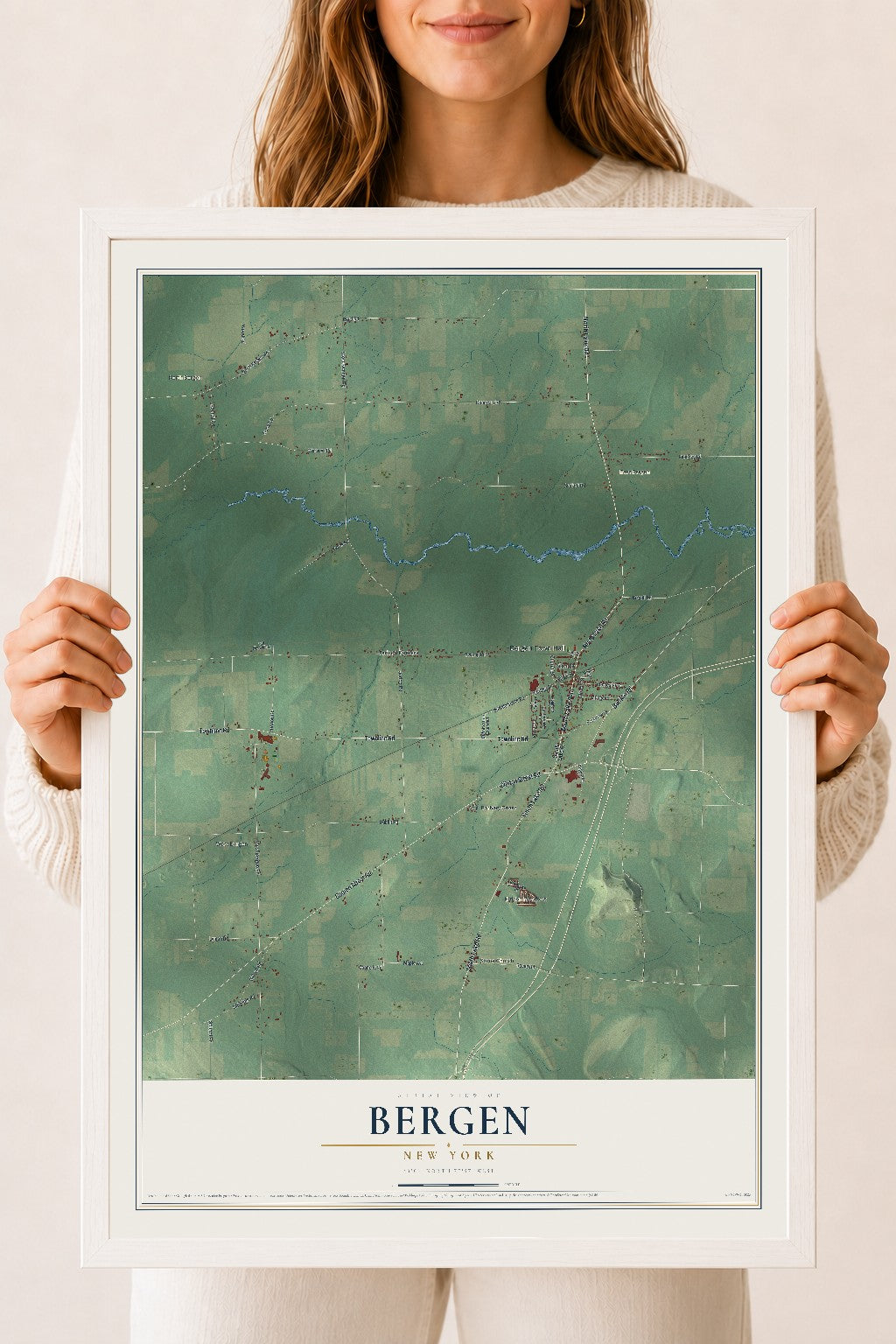 Bergen, New York map print, 18" x 24" W/ White Ayous Wood Frame mockup
