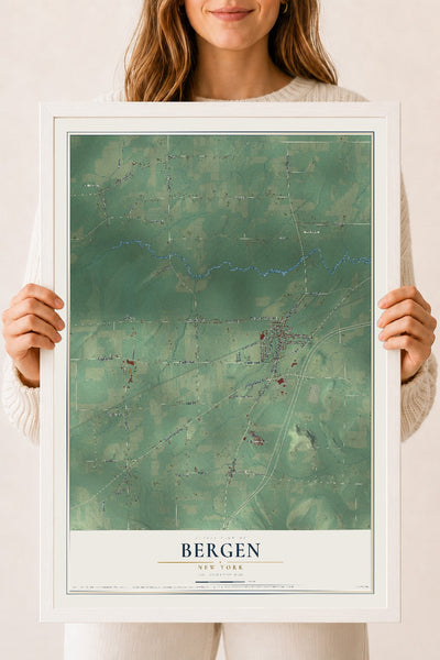 Bergen, New York map print, 18" x 24" W/ White Ayous Wood Frame mockup