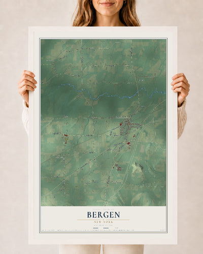 Bergen, New York map print, 24" x 36" W/ White Ayous Wood Frame mockup