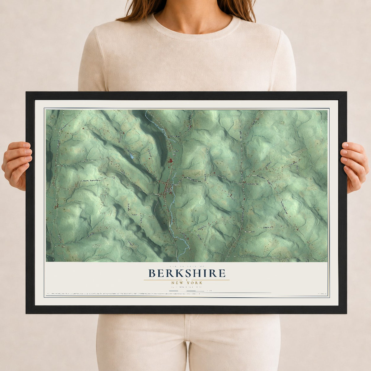 Berkshire, New York map print, 12" x 18" W/ Black Ayous Wood Frame mockup
