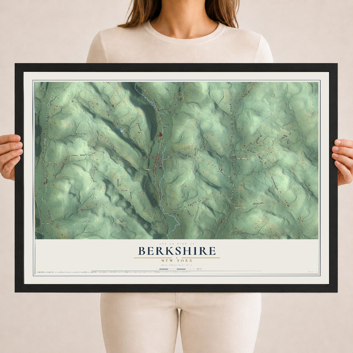 Berkshire, New York map print, 18" x 24" W/ Black Ayous Wood Frame mockup