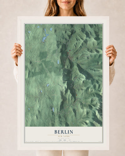 Berlin, New York map print, 24" x 36" W/ White Ayous Wood Frame mockup