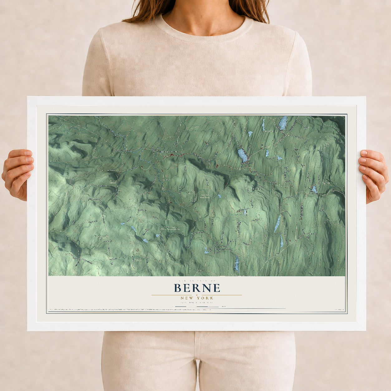 Berne, New York map print, 12" x 18" W/ White Ayous Wood Frame mockup