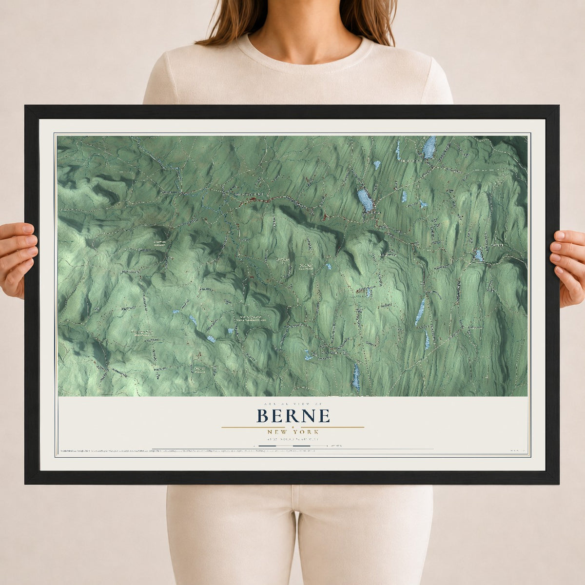 Berne, New York map print, 18" x 24" W/ Black Ayous Wood Frame mockup