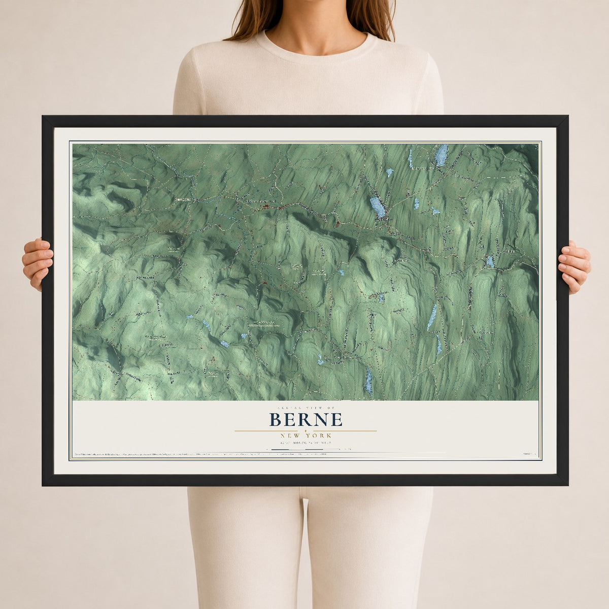 Berne, New York map print, 24" x 36" W/ Black Ayous Wood Frame mockup