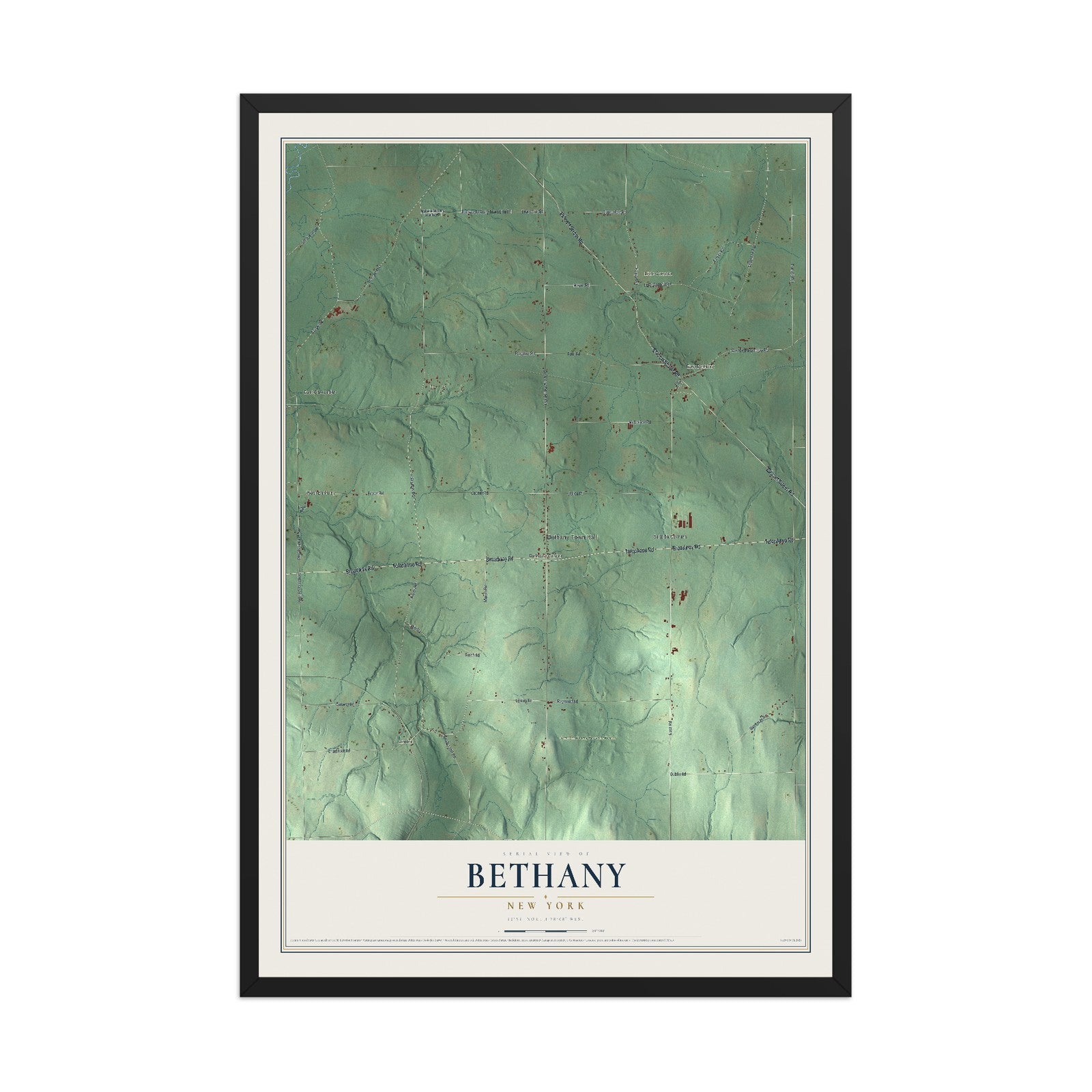 Bethany, New York map print, 12" x 18" W/ Black Ayous Wood Frame mockup