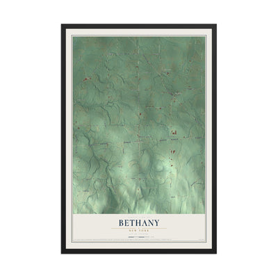 Bethany, New York map print, 12" x 18" W/ Black Ayous Wood Frame mockup