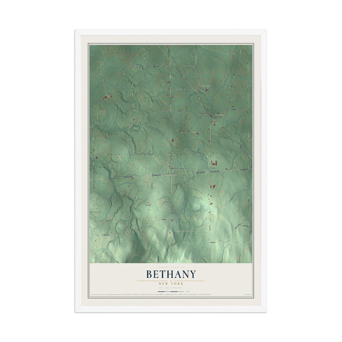 Bethany, New York map print, 12" x 18" W/ White Ayous Wood Frame mockup