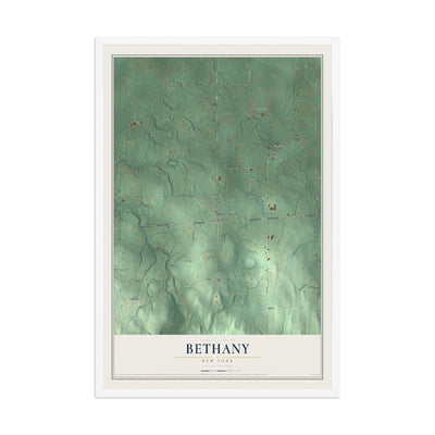 Bethany, New York map print, 12" x 18" W/ White Ayous Wood Frame mockup
