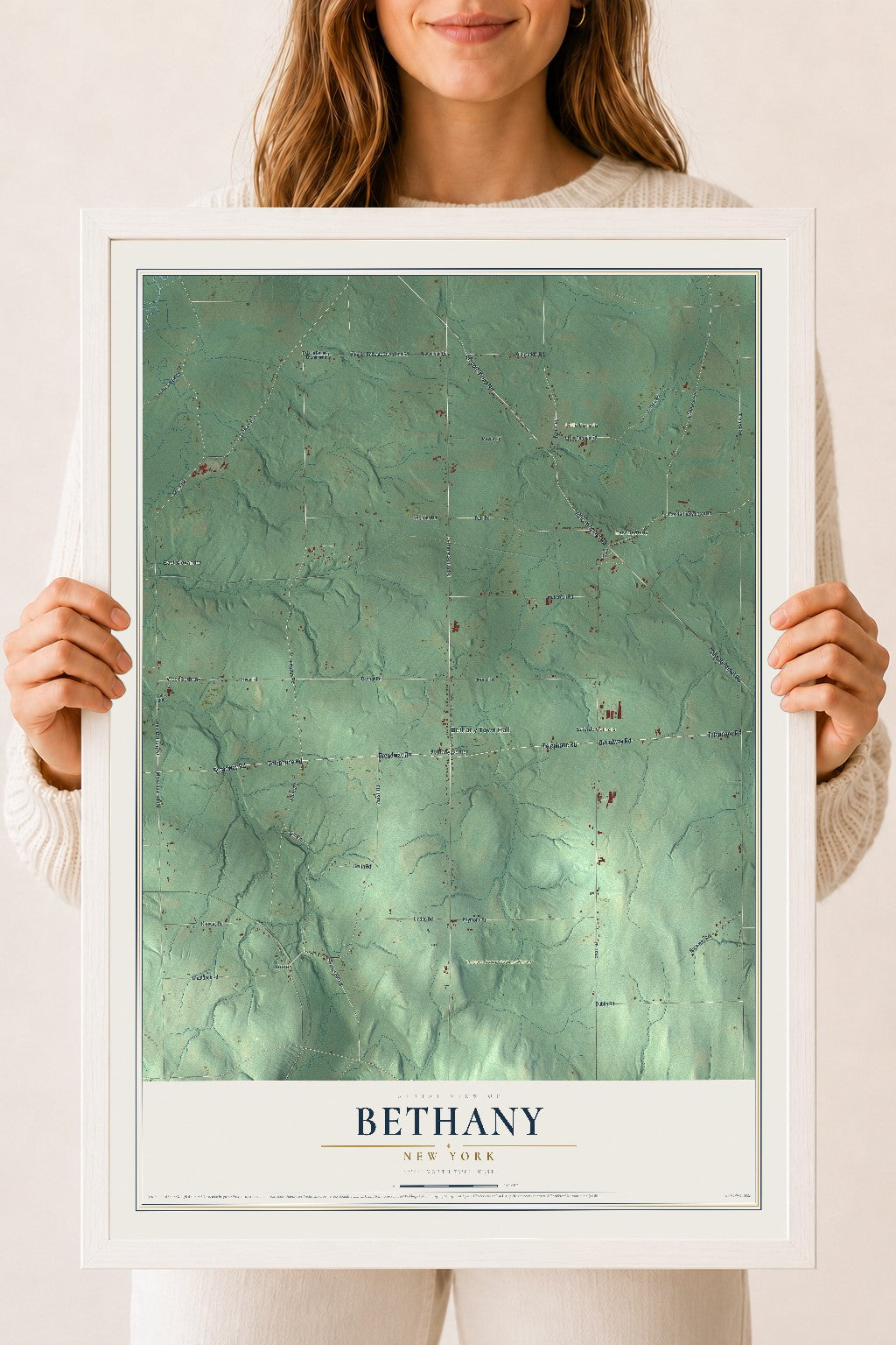 Bethany, New York map print, 18" x 24" W/ White Ayous Wood Frame mockup