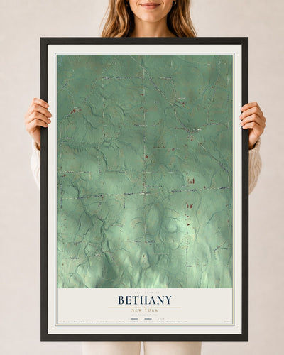 Bethany, New York map print, 24" x 36" W/ Black Ayous Wood Frame mockup