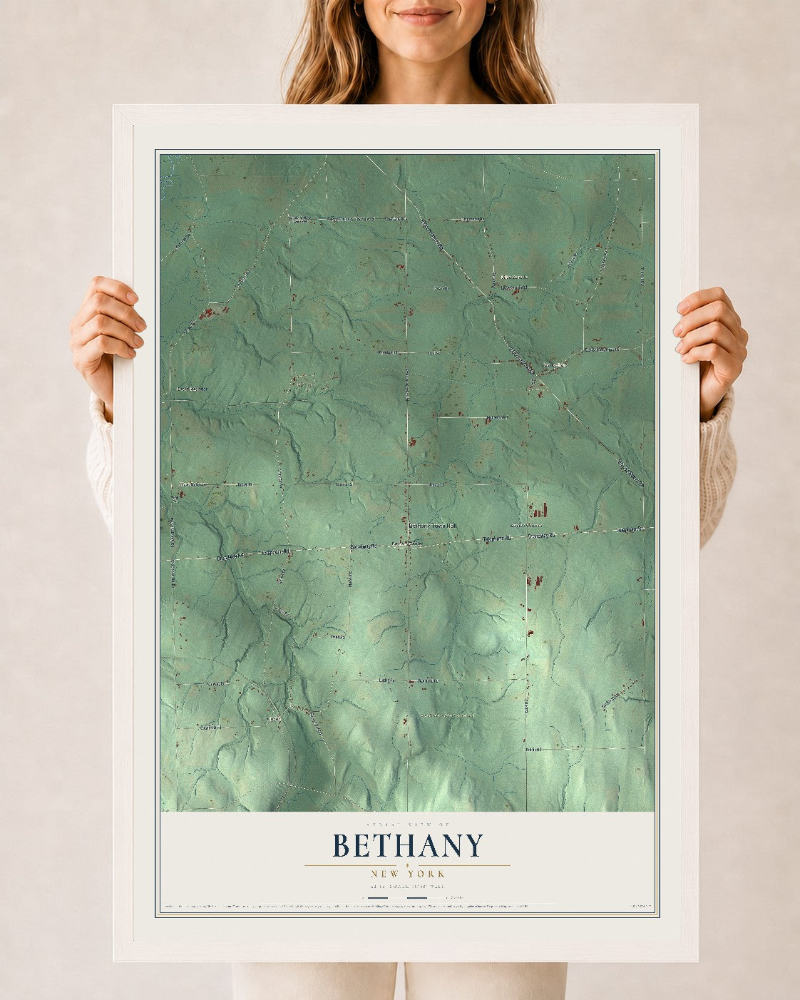 Bethany, New York map print, 24" x 36" W/ White Ayous Wood Frame mockup