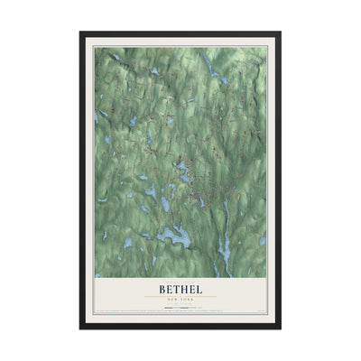 Bethel, New York map print, 12" x 18" W/ Black Ayous Wood Frame mockup