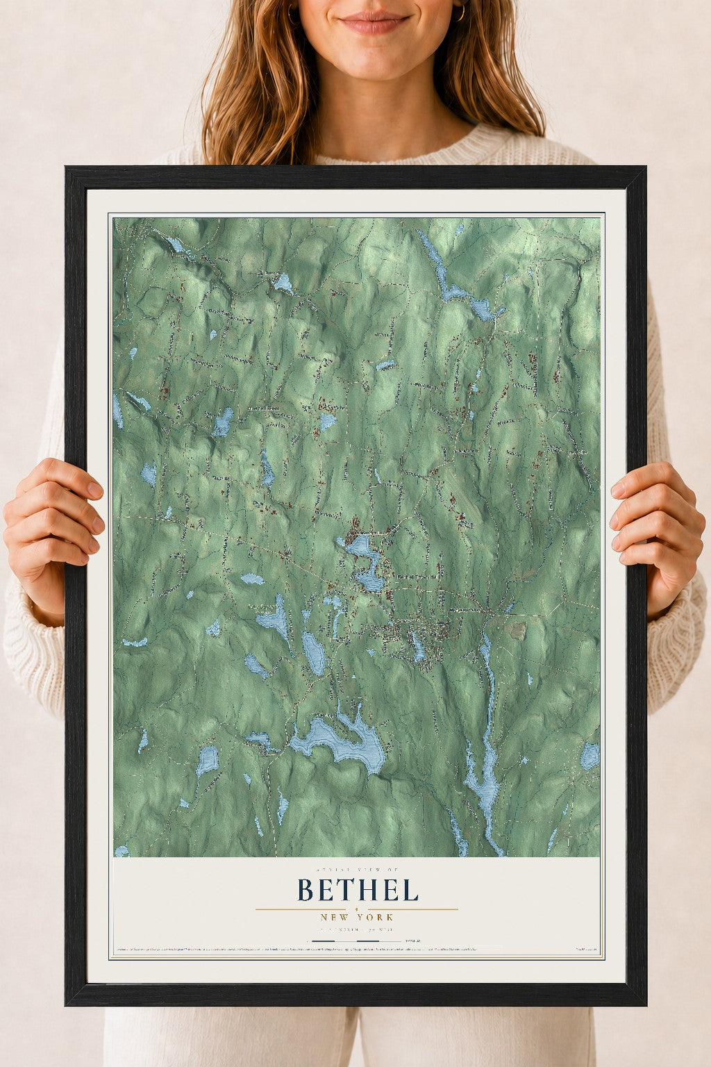 Bethel, New York map print, 18" x 24" W/ Black Ayous Wood Frame mockup