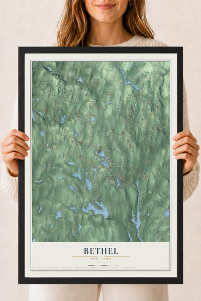 Bethel, New York map print, 18" x 24" W/ Black Ayous Wood Frame mockup